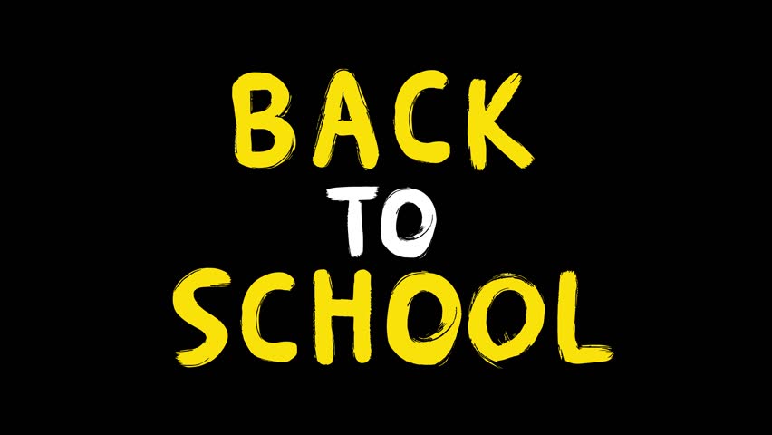 Animated yellow and white “Back to School” text on a black background. Playful and bold lettering for education promos, events, and ads.