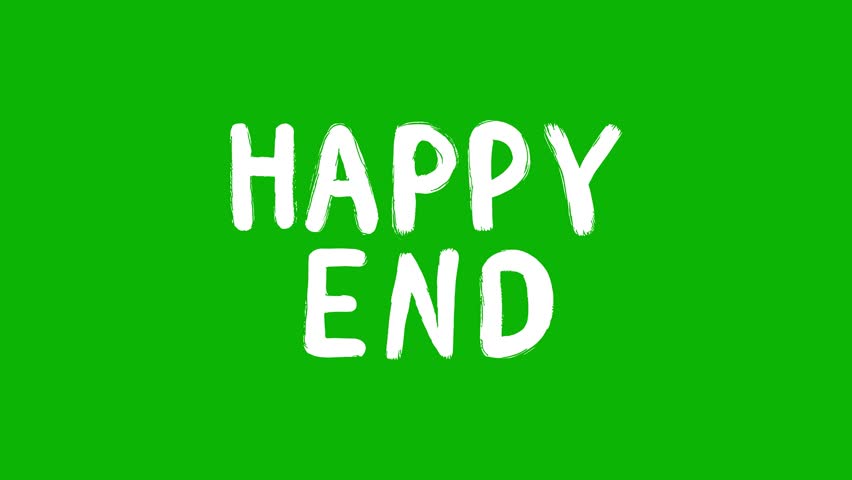 Text "HAPPY END" in white letters on green background, stop motion style, hand-drawn paint effect.