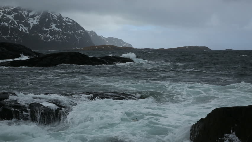 High waves at the coast of Lofoten, Norway during a storm