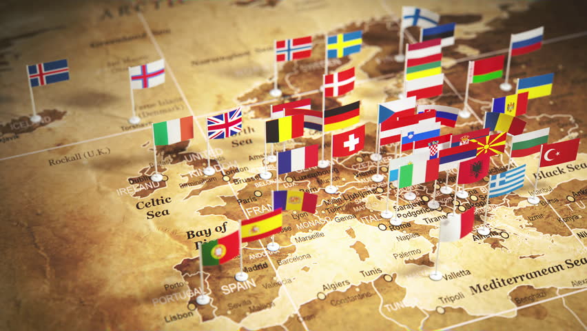 Vintage Europe map with countries flags. 3d animation. 3D Illustration