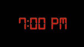A digital clock displays 7:00 PM in bold red segmented digits with a yellow outline against a stark black background. - Powered by Shutterstock - Get 15% off with code: PIKWIZARD15