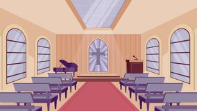 Scenic view of a church interior with architectural details, wooden pews, altar, stained glass windows, and high ceilings. Perfect background for religion, spirituality, worship, prayer, and cultural  - Powered by Shutterstock - Get 15% off with code: PIKWIZARD15