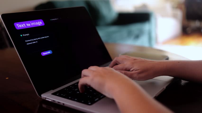 Generative artificial intelligence creating image from text prompt on laptop – AI technology innovation