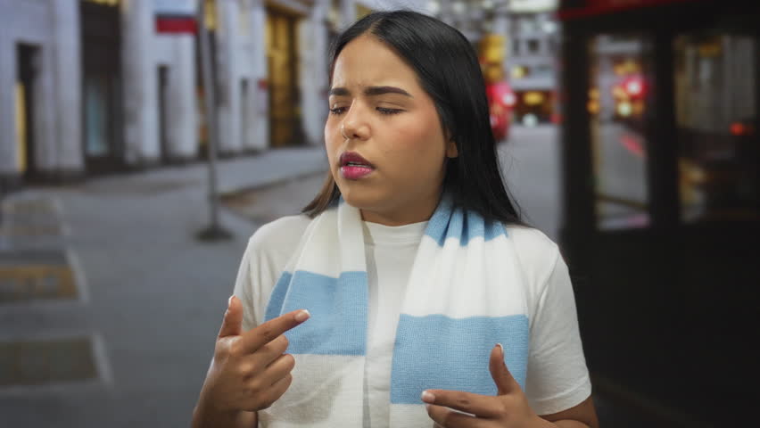 Woman outdoors on city street counting fingers looking contemplative wearing scarf with closed eyes and hair down next to red bus during daytime in urban environment
