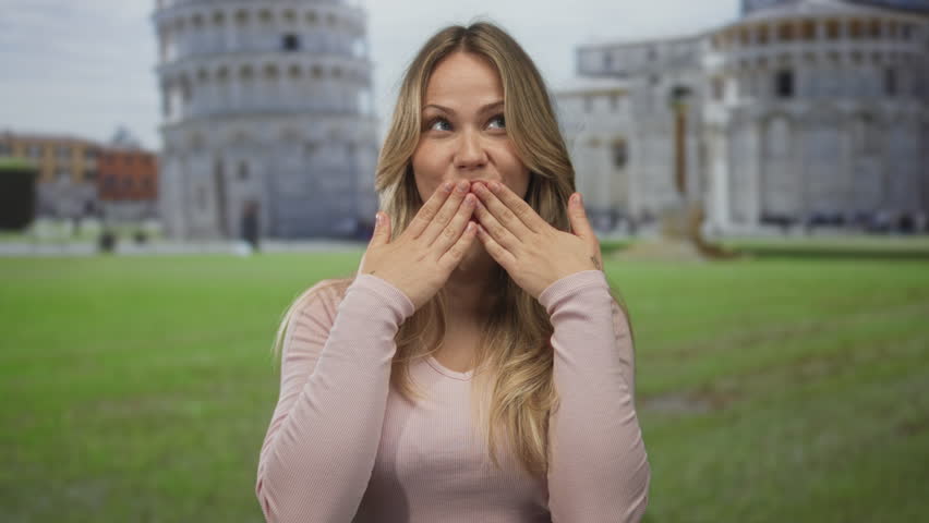Blonde woman with bare hands to lips blowing kiss in sunlit pisa piazza near leaning tower; affection greeting joy.