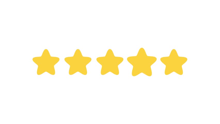 Five yellow stars in a horizontal line on white background, representing top-rated reviews, customer satisfaction, product quality, service excellence, and premium feedback