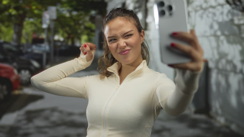 Young hispanic woman flexes arm muscle while taking a selfie with her smartphone on a busy street; confidence.