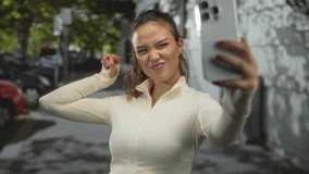 Young hispanic woman flexes arm muscle while taking a selfie with her smartphone on a busy street; confidence. - Powered by Shutterstock - Get 15% off with code: PIKWIZARD15