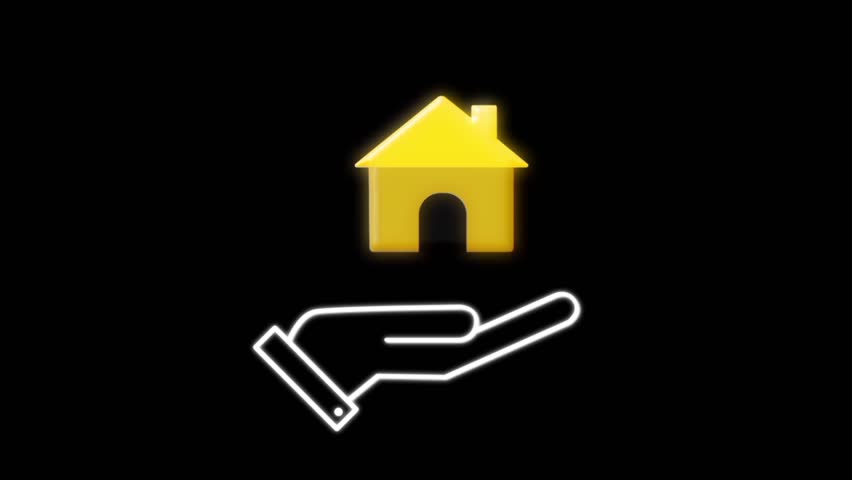 Seamless loop of a yellow house icon emerging from a hand with glowing shine, floating gently before retracting. Ideal for real estate, mortgage, property, and investment themes.