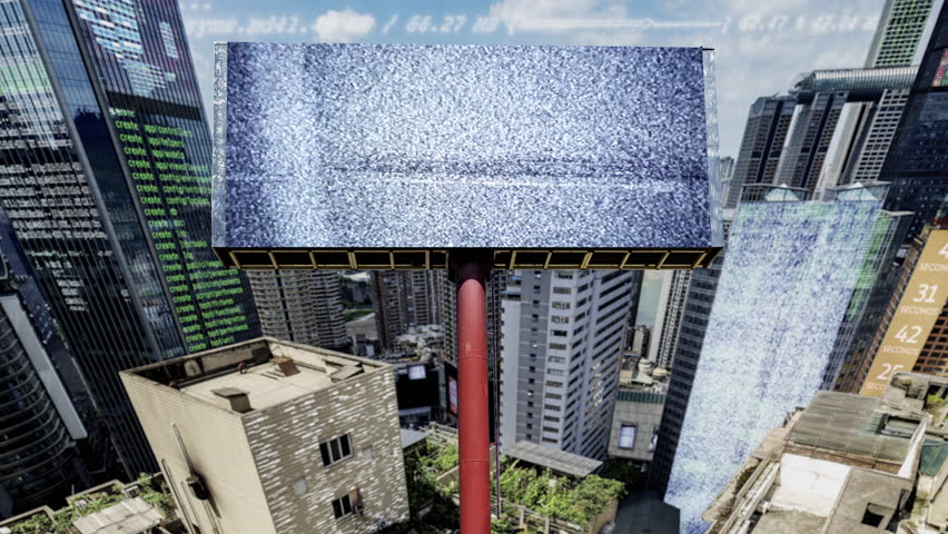 future cyberpunk city with code and computing data on the buildings and billboard with eyes