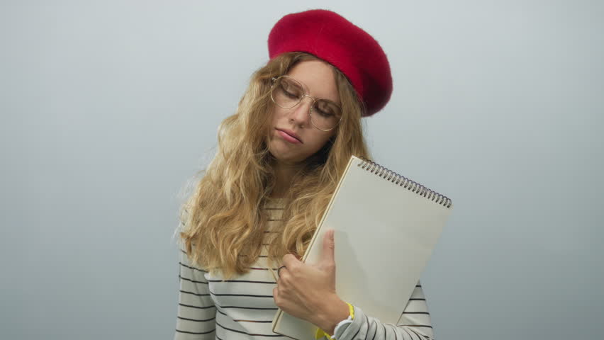 Portrait of woman face showing thinking in a studio scene alongside a blonde young artist wearing a red beret and holding a sketchbook with glasses hinting at bored expression.
