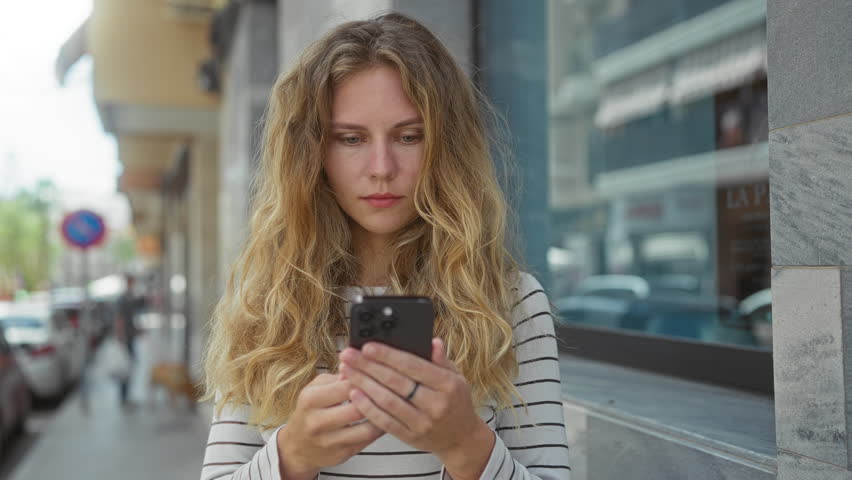 Vibrant portrait captures a woman holding a phone with a smiling expression on a city street, her blonde hair and young face illuminated outdoors as she checks a smartphone over a striped shirt.