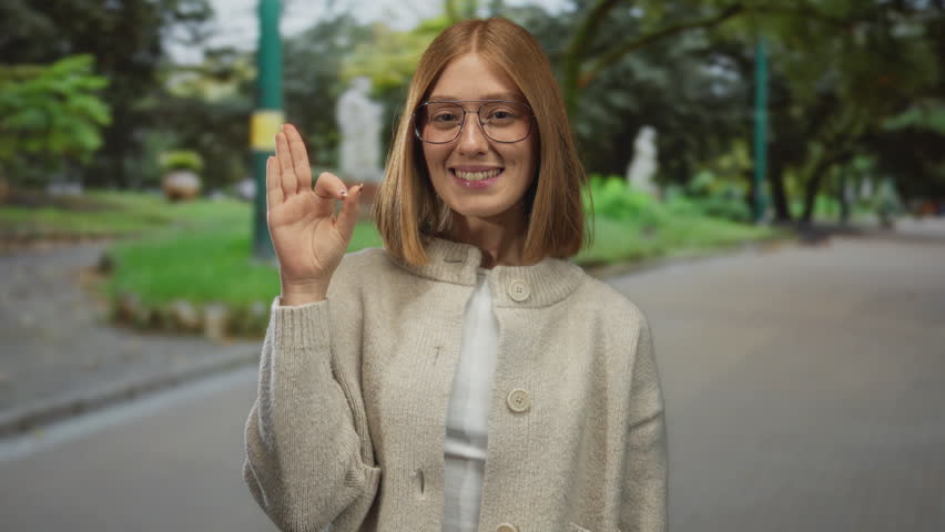 Young blonde woman with shoulder length hair shows ok sign with right hand in park; approval positivity agreement optimism.