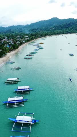 Vertical aerial of bay with numerous boats anchored near shoreline in Palawan, Philippines