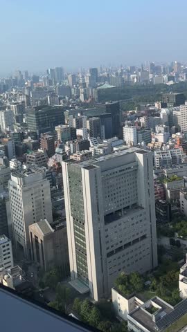 Urban panorama shifts over cityscape with skyscrapers and distant horizon skyline under clear blue sky Tokyo Japan