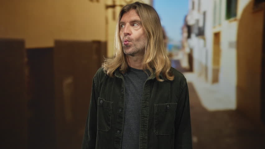 Man with long blond hair puckers lips and glances sideways along a narrow sunlit street; playfulness.