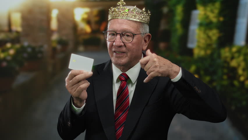 Senior businessman wearing a crown and suit makes a phone gesture while standing on a street, holding a card in an outdoor setting, suggesting a royal announcement.