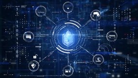 Digital Cybersecurity Lock Interface with Connected Icons Representing Password Protection, Global Network, Online Security, and Data Privacy in Futuristic Blue Technology Background - Powered by Shutterstock - Get 15% off with code: PIKWIZARD15