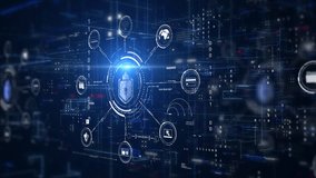 A powerful digital 4K motion featuring a central cyber security lock surrounded by connected digital icons within a futuristic data network 4K motion - Powered by Shutterstock - Get 15% off with code: PIKWIZARD15