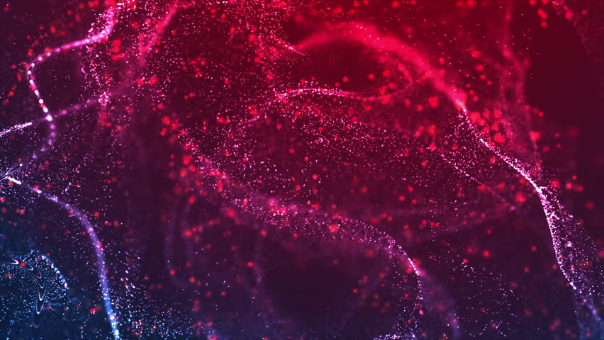 Dynamic abstract particle wave with glowing red and blue dots, suitable for technology, science, or futuristic backgrounds.