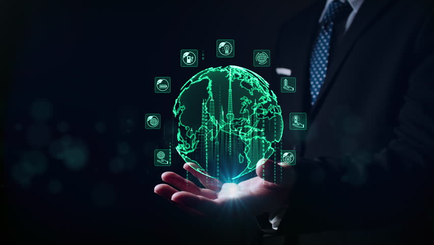 Digital green globe with ESG and smart city icons in businessman’s hands, symbolizing sustainable innovation, environmental responsibility, and future technology.