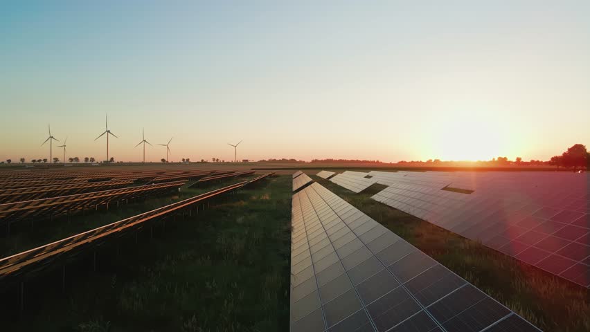Rows of solar panels and wind turbines in countryside field at sunset. Concept of renewable energy, sustainable technology and clean electricity production