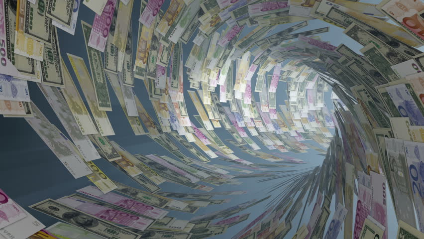Various currencies tunnel fly through, light blooming, Alpha