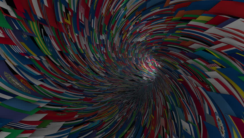 World flags tunnel fly through, light bloom