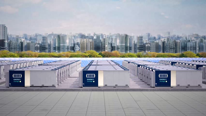 3d rendering energy storage systems or battery container units for smart city with zero emission 4k footage