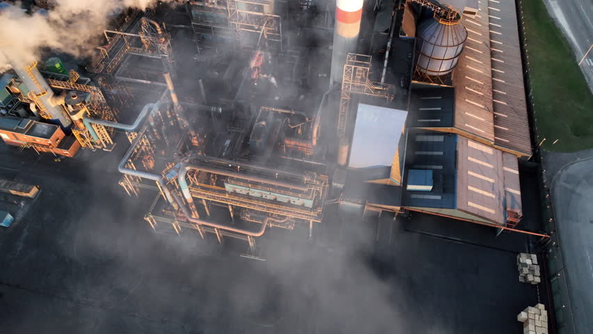 Aerial view of factory emitting smoke into air 