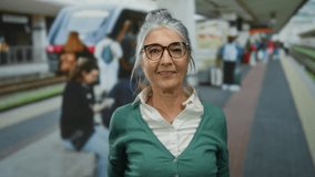 Senior woman with grey hair making playful gestures at a train station platform, wearing glasses and a green sweater, expresses joy in a lively railway scene with blurred commuters. - Powered by Shutterstock - Get 15% off with code: PIKWIZARD15