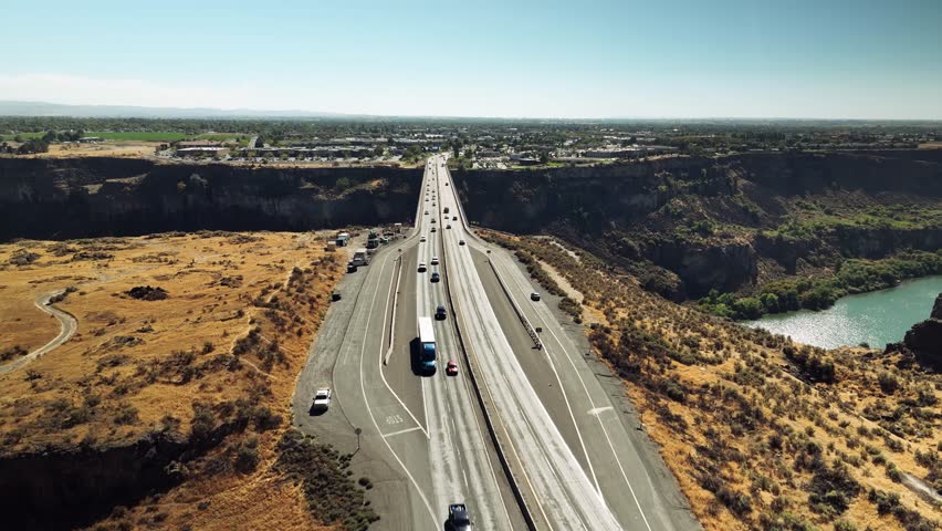 Aerial drone view of Snake River Canyon with Perrine Bridge, Twin Falls Idaho USA