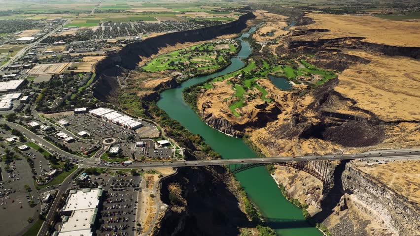 Aerial drone view of Snake River Canyon with Perrine Bridge, Twin Falls Idaho USA