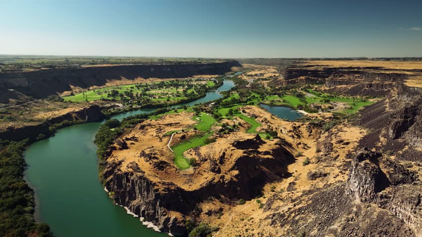 Aerial drone view of Snake River Canyon with Perrine Bridge, Twin Falls Idaho USA