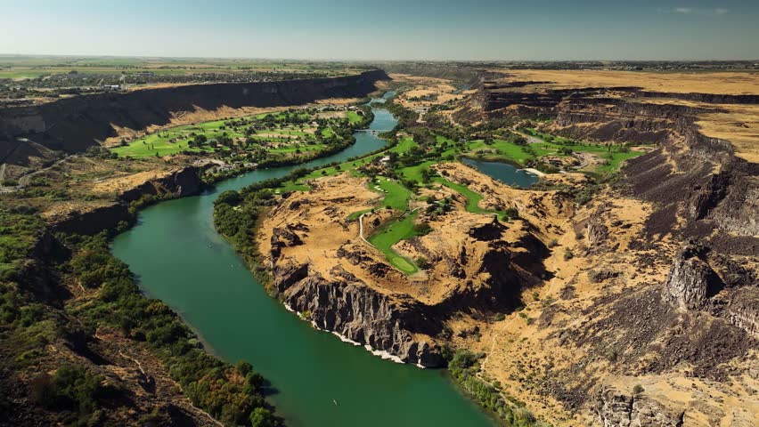 Aerial drone view of Snake River Canyon with Perrine Bridge, Twin Falls Idaho USA