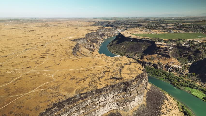 Aerial drone view of Snake River Canyon with Perrine Bridge, Twin Falls Idaho USA
