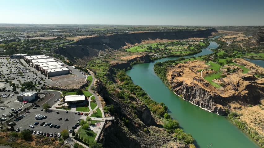 Aerial drone view of Snake River Canyon with Perrine Bridge, Twin Falls Idaho USA