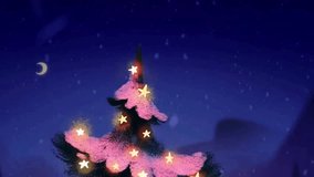 Animated Christmas Night Scene. Snowy Landscape with Cozy House, Pine Trees and Merry Christmas Text. Winter Holiday Background. - Powered by Shutterstock - Get 15% off with code: PIKWIZARD15