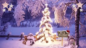 Magical Winter Christmas Scene. Animated Background with Snowmen, a Snowy Tree, and Merry Christmas Sign. - Powered by Shutterstock - Get 15% off with code: PIKWIZARD15