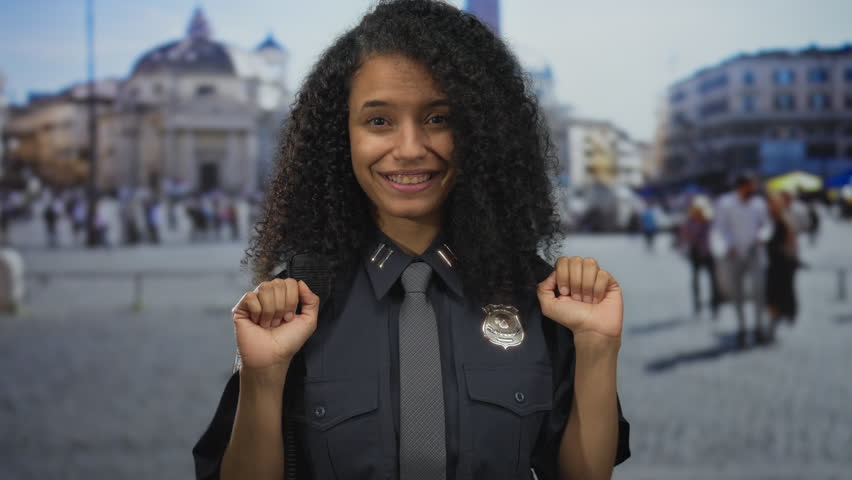 Young hispanic woman police officer smiling outdoors in vatican square with iconic buildings in the background, embodying modern law enforcement and culture.