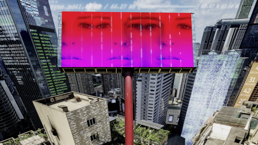 future cyberpunk city with code and computing data on the buildings and billboard with female face scan
