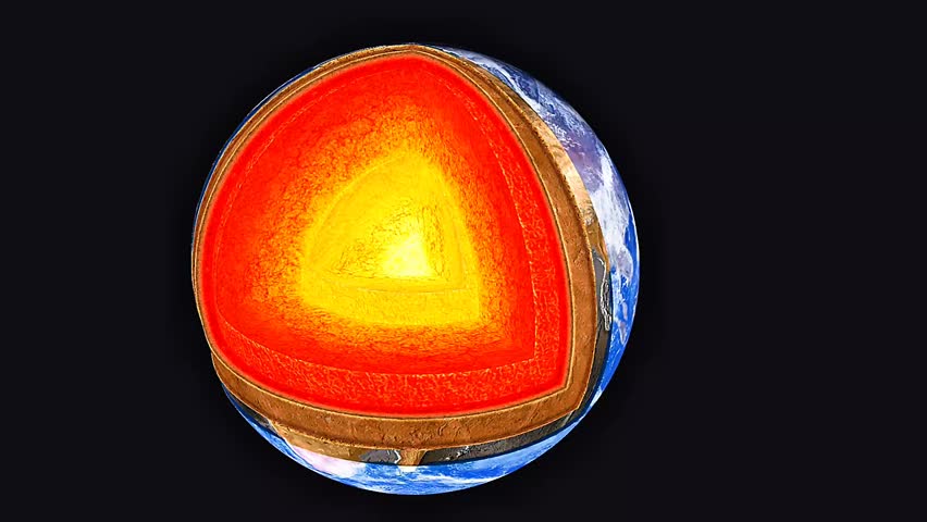 3D animation showing a cross-section of Earth, revealing crust, mantle, outer and inner core.