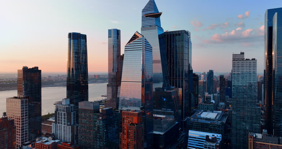 Stunning mirror skyscrapers at Westside Midtown Manhattan. Unique design of the buildings in New York, USA. Aerial view.