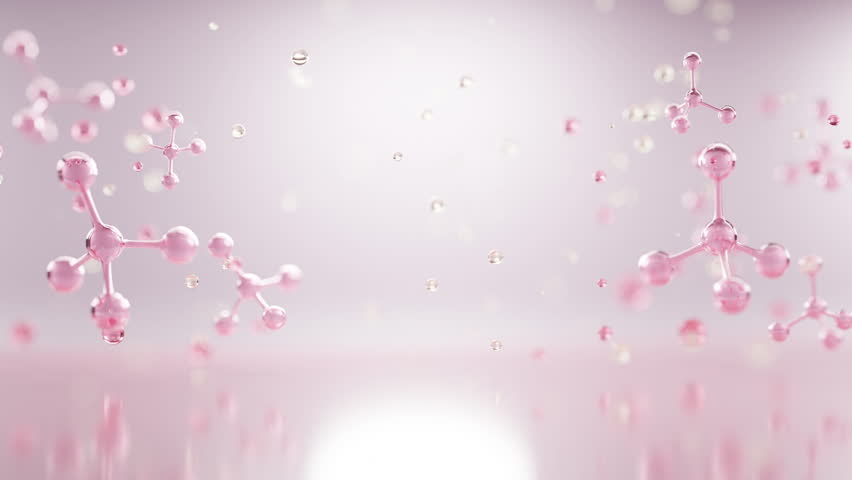Elegant 3D pink molecules floating in soft light, representing skincare, serum, and anti-aging innovation. Ideal for cosmetic and beauty campaigns.