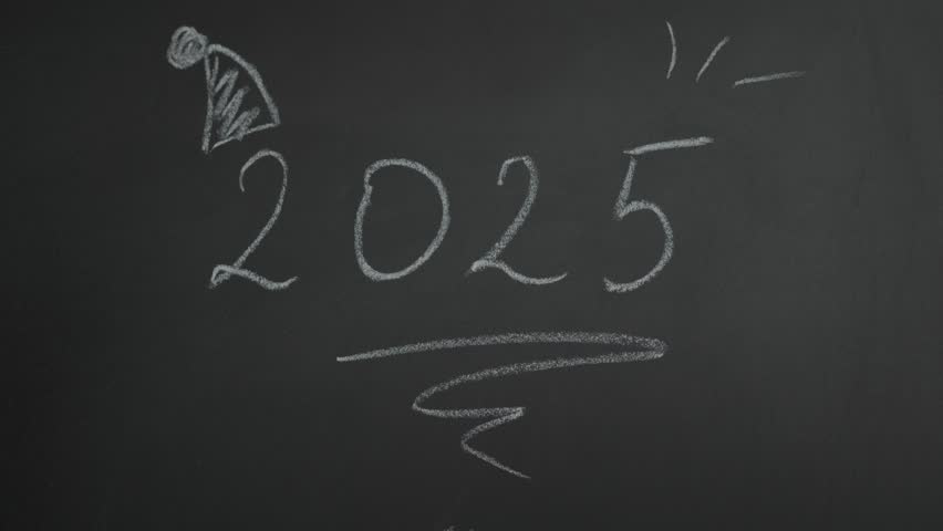 Wipe off 2025 and writing number 2026 on a blackboard using chalk in a classroom setting
