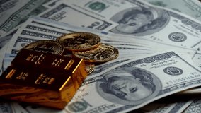 Shiny Bitcoins On Cash Represent Blockchain Trading And Financial.Rotating Bitcoin Coins Over Us Dollars Symbolize Digital Finance, Wealth Accumulation, Worldwide Cryptocurrency Adoption Tech Economy - Powered by Shutterstock - Get 15% off with code: PIKWIZARD15