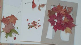 A person arranges vibrant autumn leaves on a sheet of paper for an artistic craft project. - Powered by Shutterstock - Get 15% off with code: PIKWIZARD15