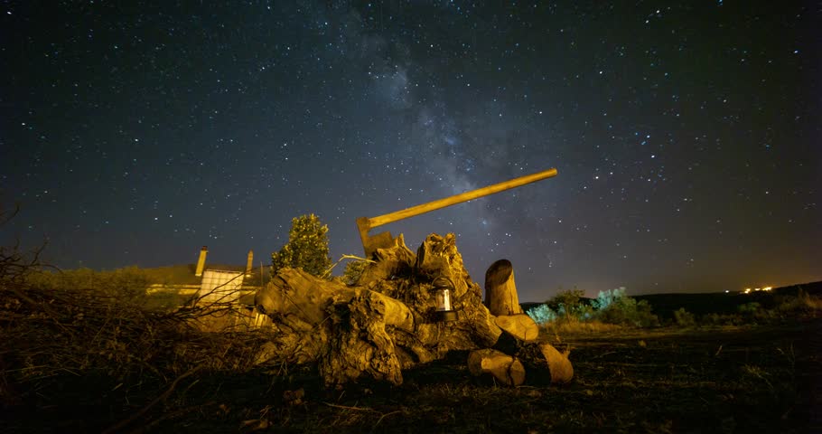 long exposure of stars in the sky from the side of a tree stump