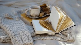 Outdoor scene of an open book with autumn leaves on wool fabric, beside a plate with tea, dessert, and dried fruit on an off-white cloth. Cozy afternoon tea with a warm, seasonal aesthetic. - Powered by Shutterstock - Get 15% off with code: PIKWIZARD15