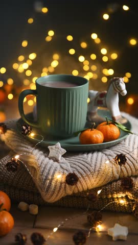 Christmas still life with hot chocolate, tangerines, rocking horse, pine cones, star shaped cookies and fairy lights resting on knitted sweaters